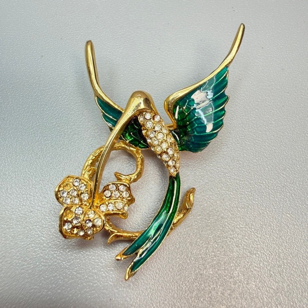 Vintage 80s Giovanni Hummingbird Brooch Green Blue Enamel Crystal Bird Flower